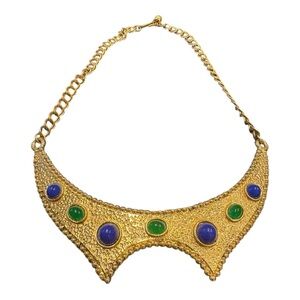 Pauline Rader Vintage Gold Collar Necklace Blue Green Cabochons J13